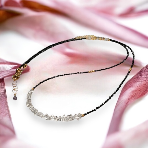 Natural Spinel, Opal, Herkimer Diamond Wrap Bracelet Convertible Necklace Gold - Picture 6 of 7